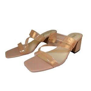 Unisa Women's 9.5M Clear Strap Block Heel Sandals‎ Nude/Pink Square Toe Slip On